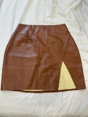 Lulu's Brown Faux Leather Mini Skirt with Front Slit